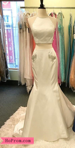 Two Piece Halter Mermaid White Prom Dress High Neckline Studded Pockets