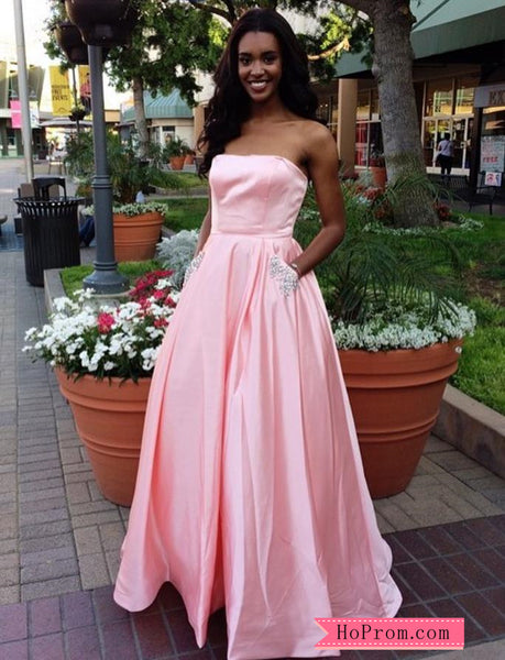 Strapless Satin Formal Ball Gown Prom Dresses Embellished Pockets