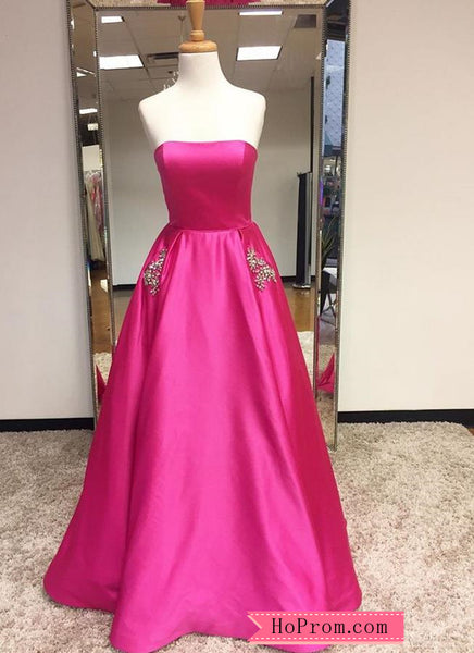 Strapless Satin Formal Ball Gowns Prom Dress Embellished Pockets