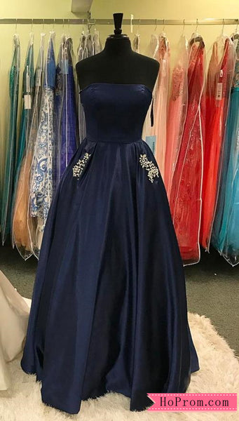 Strapless Satin Formal Ball Gowns Prom Dress Embellished Pockets