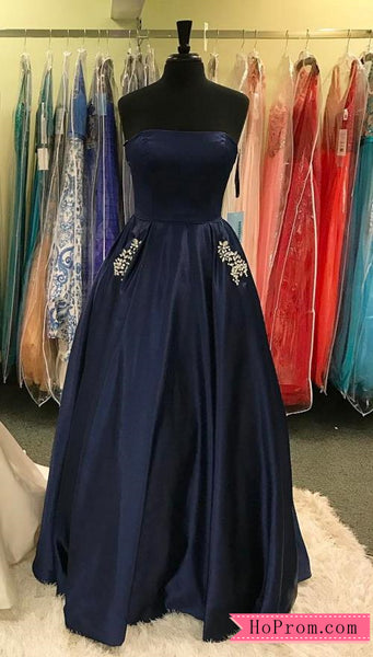 Strapless Satin Formal Ball Gowns Prom Dress Embellished Pockets