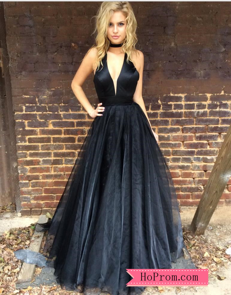 Satin Halter Bodice V Neckline Black Prom Dresses Organza A-line Skirt Hoprom Satin Halter Bodice V Neckline Black Prom Dresses Organza A-line Skirt Hoprom