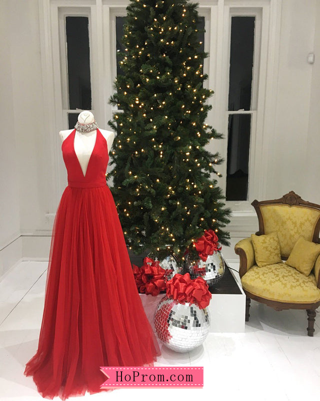 Halter Red V-neck Prom Dresses Pageant Dress with a Tulle Skirt Hoprom Halter Red V-neck Prom Dresses Pageant Dress with a Tulle Skirt Hoprom