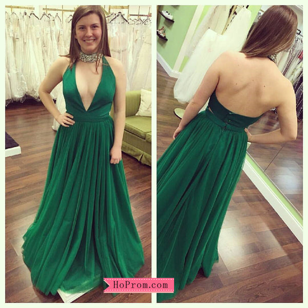 Halter Green V-neck Prom Dress Pageant Dress with a Tulle Skirt