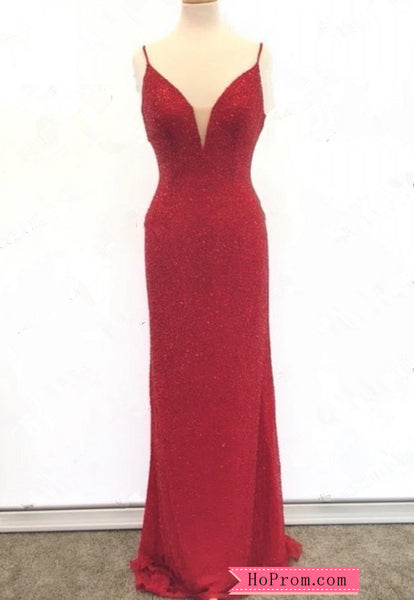 Sparkling Long Beaded Sheath Gown Red Prom Dress V Neck Spaghetti Straps Pageant Dresses