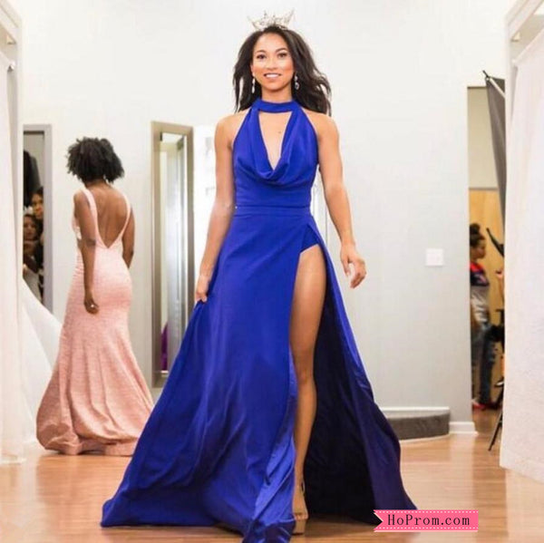 Royal Blue Halter Prom Dress Evening with Slit