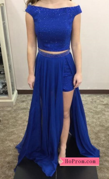 Off Shoulder Cap Sleeves Blue Two Piece Prom Dresses Shorts Long Overlay High Side Slit