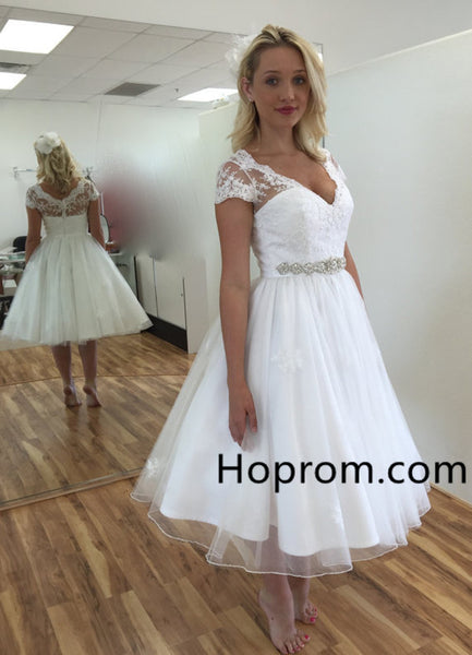 White V Neck Homecoming Dress, Short Sleeve Homecoming Dress