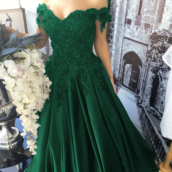 Off the Shoulder Appliques Long Lace Prom Dress Ball Gown Satin Evening Dress
