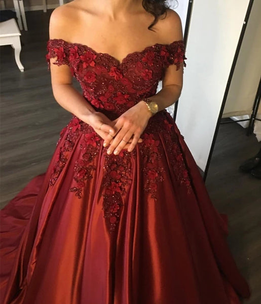 Off the Shoulder Appliques Long Lace Prom Dress Ball Gown Satin Evening Dress