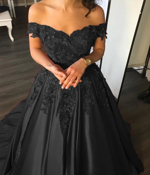 Off the Shoulder Appliques Long Lace Prom Dress Ball Gown Satin Evening Dress