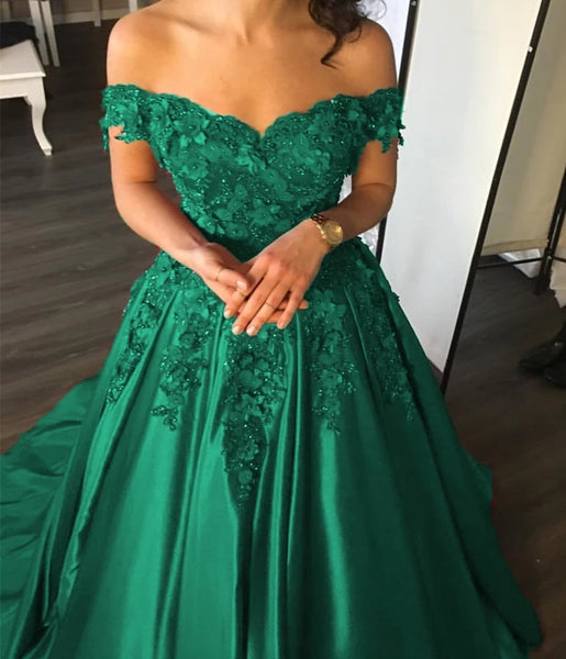 Off the Shoulder Appliques Long Lace Prom Dress Ball Gown Satin Evening Dress