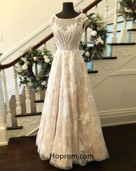 Ivory Cap Sleeve Lace Prom Dresses with Pearls