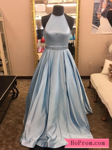 Halter Neckline Open Back Light Blue Prom Dress Evening Gown Beaded Waist Band with Pockets