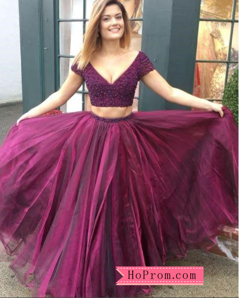 Two Piece Organza Purple Prom Dresses Ball Gown Cap Sleeve Crystal Beaded Bodice