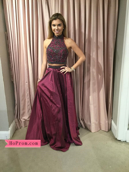 Two Piece Beaded Prom Dresses High Halter Neckline Long Formal Prom Dress