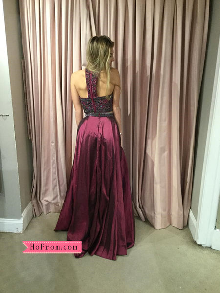 Two Piece Beaded Prom Dresses High Halter Neckline Long Formal Prom Dress