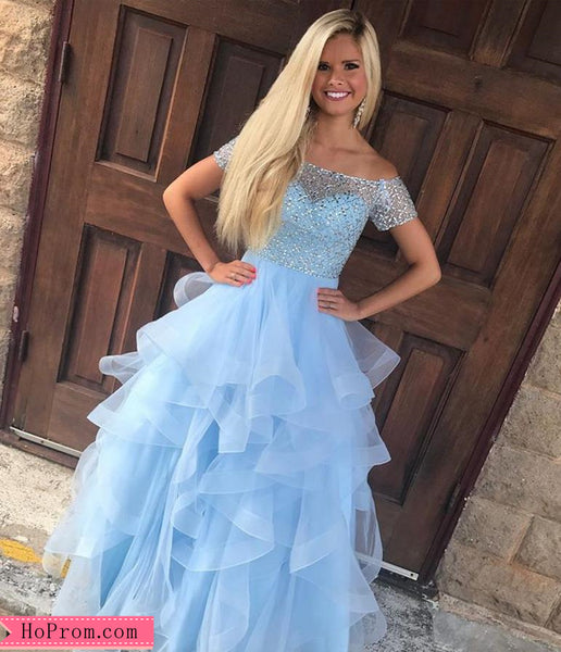 Off Shoulder Beaded Cap Sleeves Two Piece Prom Dress with Multi Layered Tulle Skirt