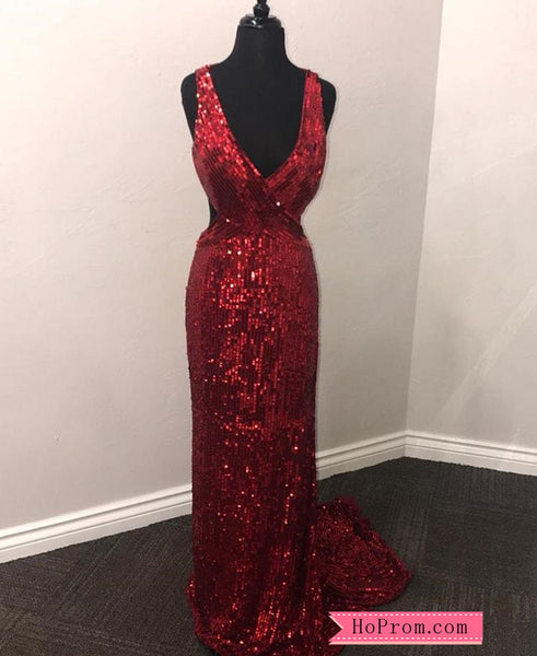 Spaghetti Straps Red Prom Dress Evening Dress Sequins Beaded