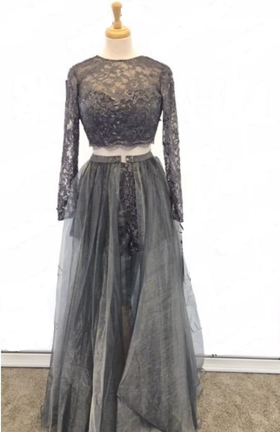 Long Sleeves Two Piece Crop Top Prom Dress Evening Dresses with Layere Hoprom Long Sleeves Two Piece Crop Top Prom Dress Evening Dresses with Layere Hoprom