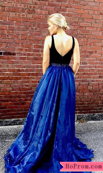 Plunge Neckline Black Blue Prom Dresses beaded Waistline High Slit with Flowy Skirt