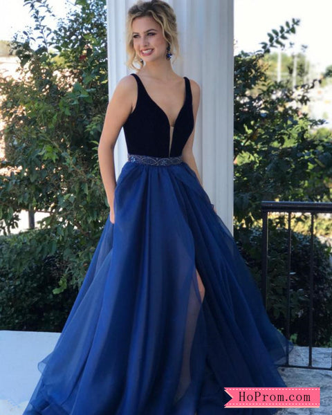 Plunge Neckline Black Blue Prom Dresses beaded Waistline High Slit with Flowy Skirt