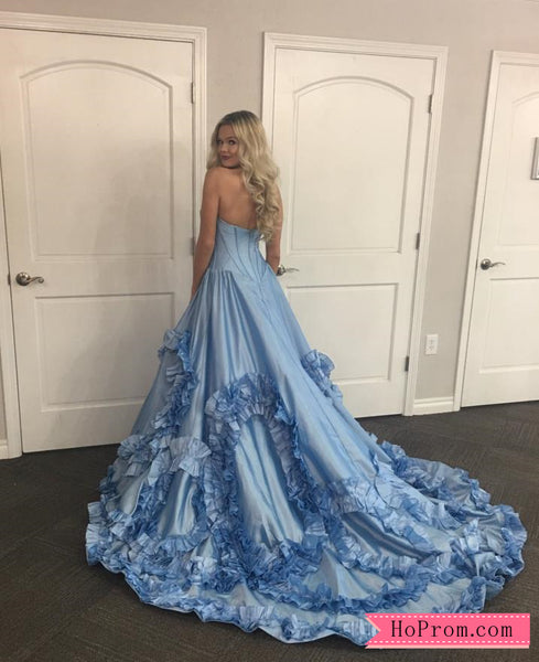 Blue Swirling Ruffled Ball Gown Prom Dress