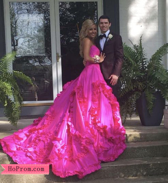 Peach Swirling Ruffled Ball Gown Prom Dress