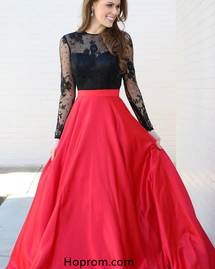 Long Sleeve Black Lace Top Prom Dress Red Skirt