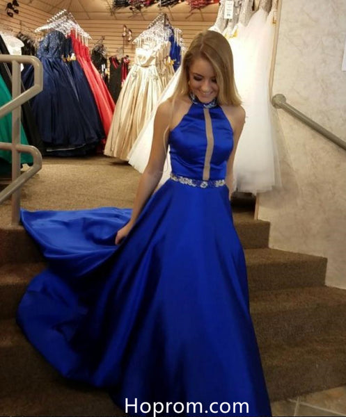Royal Blue Hight Neck Prom Dress with Beadings