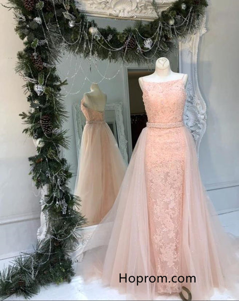 Blush Pink Lace Beading Prom Dress with Tulle Train