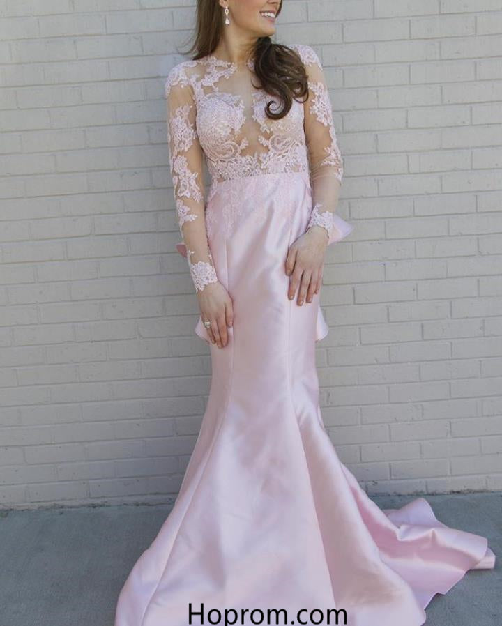 Long Sleeve Blush Pink Lace Prom Dress with Sweep Train Hoprom Long Sleeve Blush Pink Lace Prom Dress with Sweep Train Hoprom