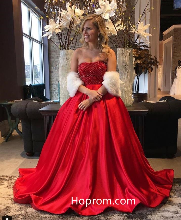 A-line Red Beading Prom Dresses