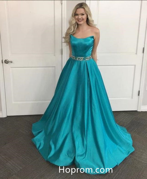 Elegant A-line Long Prom Dress with Beaded Waist