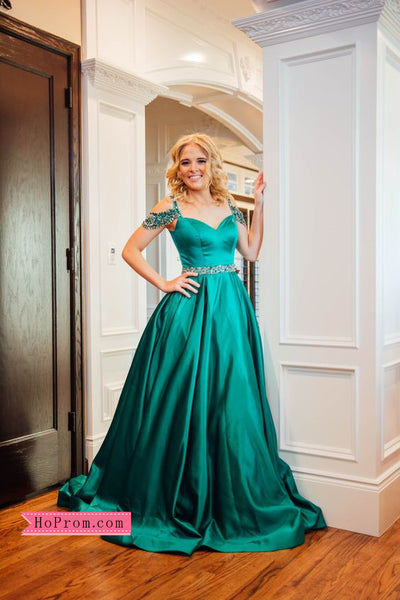 Satin Green Ballgown Off Shoulder Prom Dress Beaded Straps Evening Dress