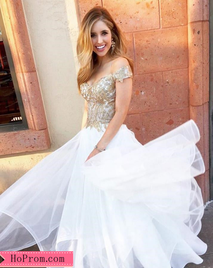 Off Shoulder Long Tulle Lace White Gold Prom Dress Ballgown Party Dres Hoprom Off Shoulder Long Tulle Lace White Gold Prom Dress Ballgown Party Dres Hoprom