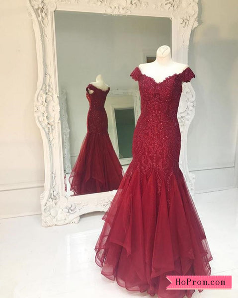 Off Shoulder Trumpet Red Mermaid Prom Dress With Sparkling Jewels