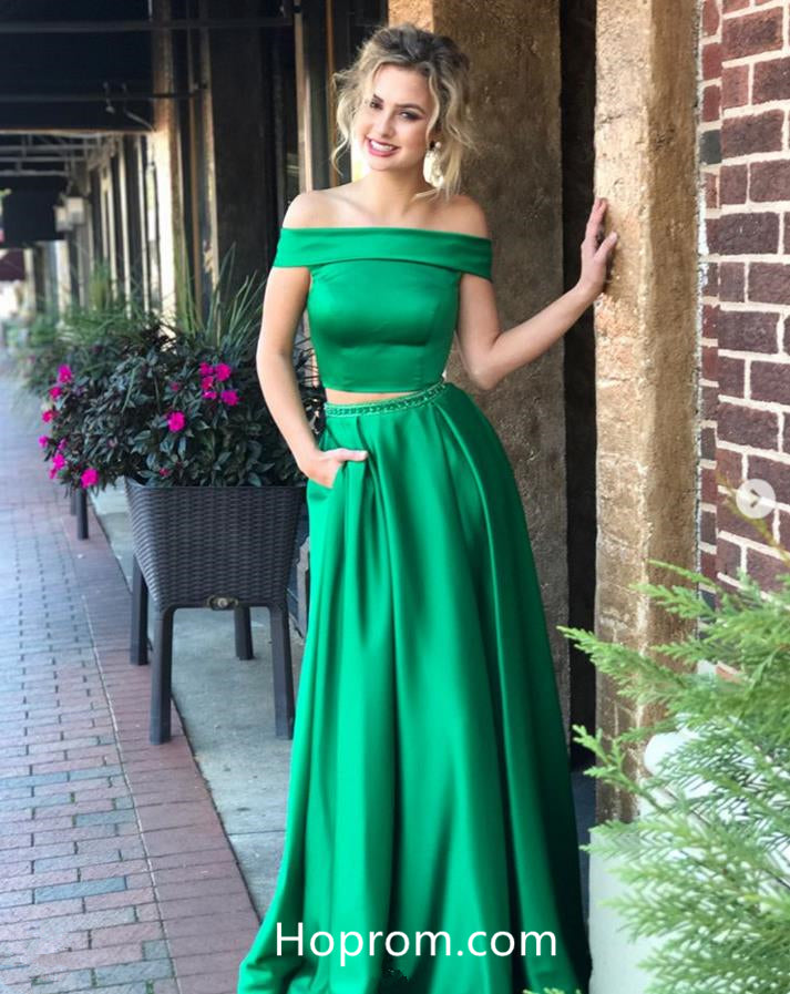 Green Off Shoulder Two Piece Prom Dresses