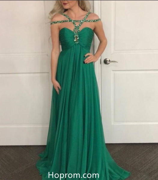 Teal Long Chiffon Prom Dress with Beading