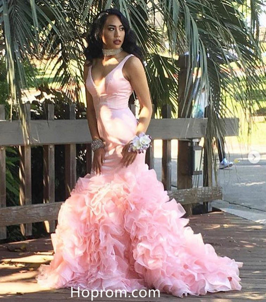 V-neck Pink Mermaid Prom Dress with Layers