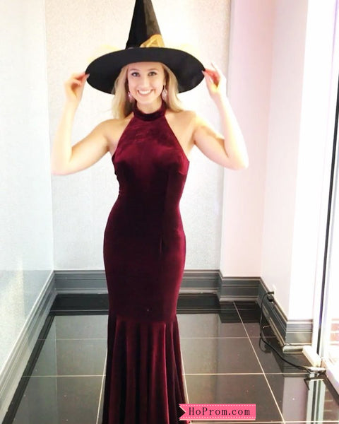 Wine Red Halter Velvet Mermaid Prom Dresses
