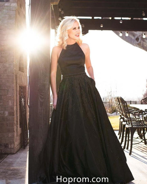 Halter Black Beaded Prom Dress with Pockets