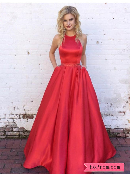High Halter Neckline Red Prom Dresses with Cutout Back