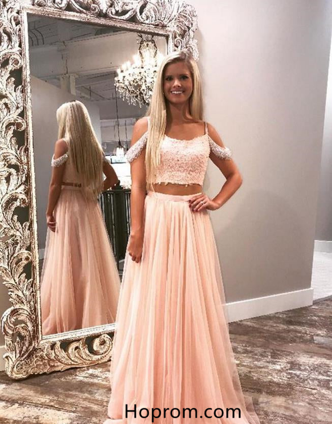 Two Piece Pink Tulle Prom Dress with Lace Beading Hoprom Two Piece Pink Tulle Prom Dress with Lace Beading Hoprom