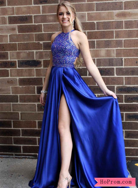 Radiant Jeweled High Halter Neck Slit Prom Dresses Online