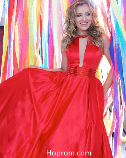 Round Neckline Red Long Prom Dresses 2018 Onine Evening Dresses