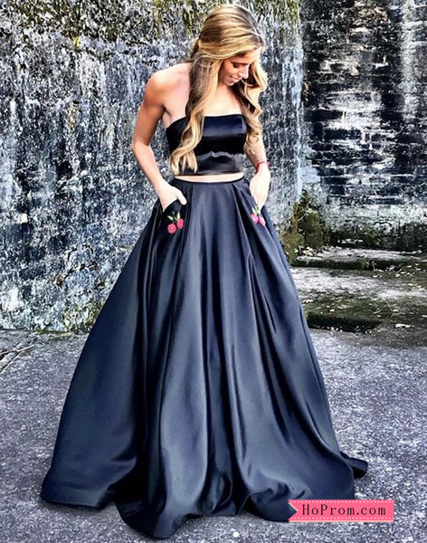 Two Pieces Crop Top Black Prom Dress Gown with Flowers on the Skirt Pockets