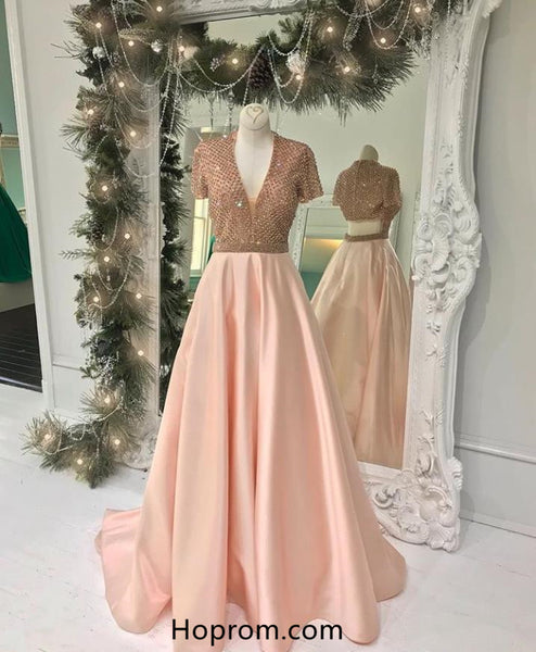 V neck Blush Pink Beading Prom Dresses
