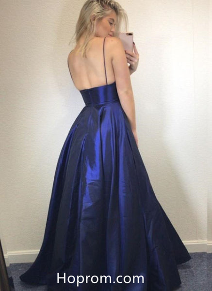 V neck Navy Blue Simple Prom Dresses