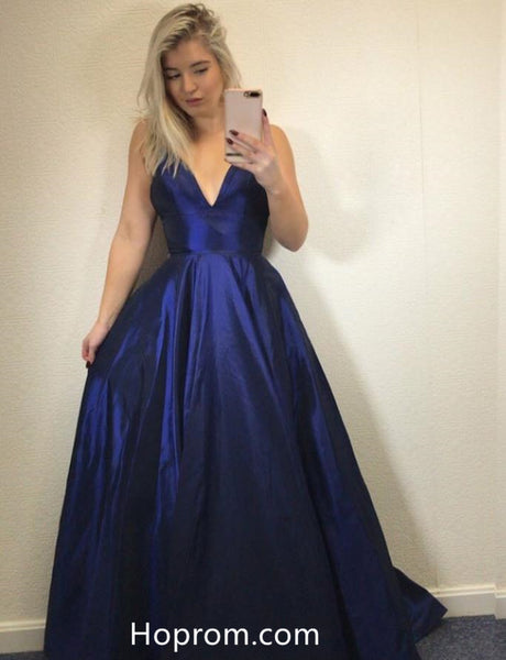 V neck Navy Blue Simple Prom Dresses